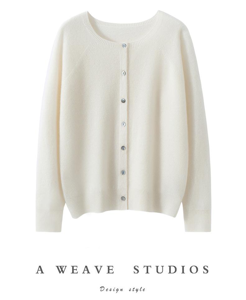 2026 Autumn/Winter Women's Pure Cashmere Round Neck Loose Knit Cardigan Sweater, Solid Color, Long Sleeve.