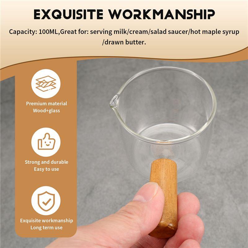HOT 2PCS Transparent Glass Creamer With Wooden Handle, Mini Coffee Milk Creamer Pitcher~Jul.