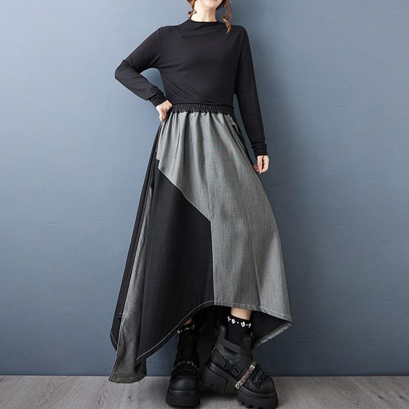 Plus Size Denim Patchwork High Waist Vintage Casual Spring Autumn Loose Long for Woman Skirts Womens Skirt