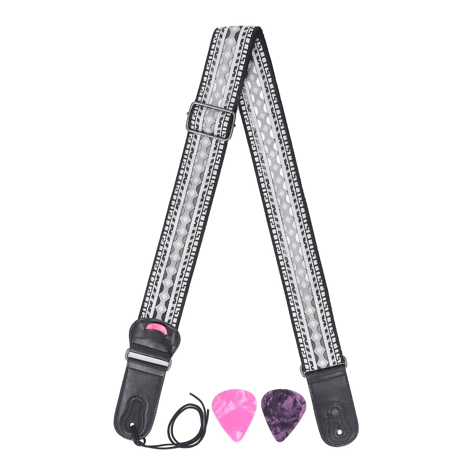 

Этнический гитарный ремень, 2 дюйма, расширенный, регулируемой длины, кожаный, хлопковый, с держателем медиатора Type 1