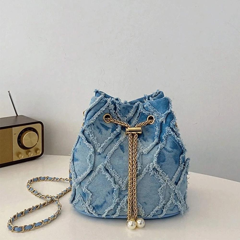Fashion solid color plaid vintage denim crossbody bag pull rope open and close, suitable for women's daily travel-A-DH