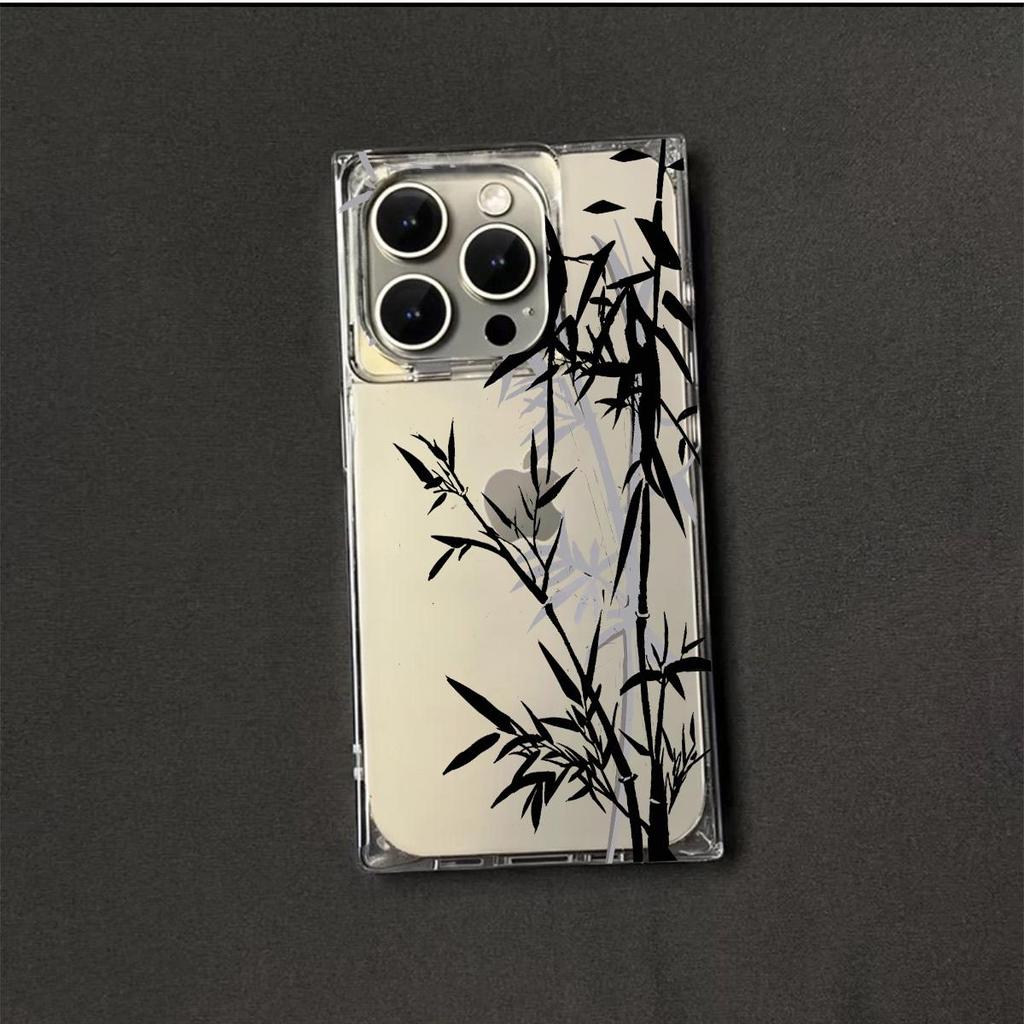 Transparent Square Back Tube Case Casing Protection For iPhone 15 Plus 11 14 Pro Max 16 ProMax 13 12 Anti-Oxygen,Ink bamboo Pattern