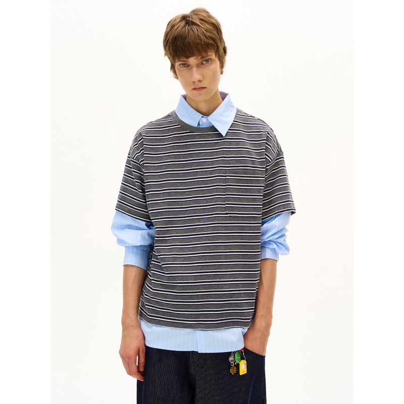 Madwitch American-Style Fake Two-Piece Patchwork Striped Shirt Collar Long-Sleeve T-Shirt for Men and Women, Retro Cool Design Top