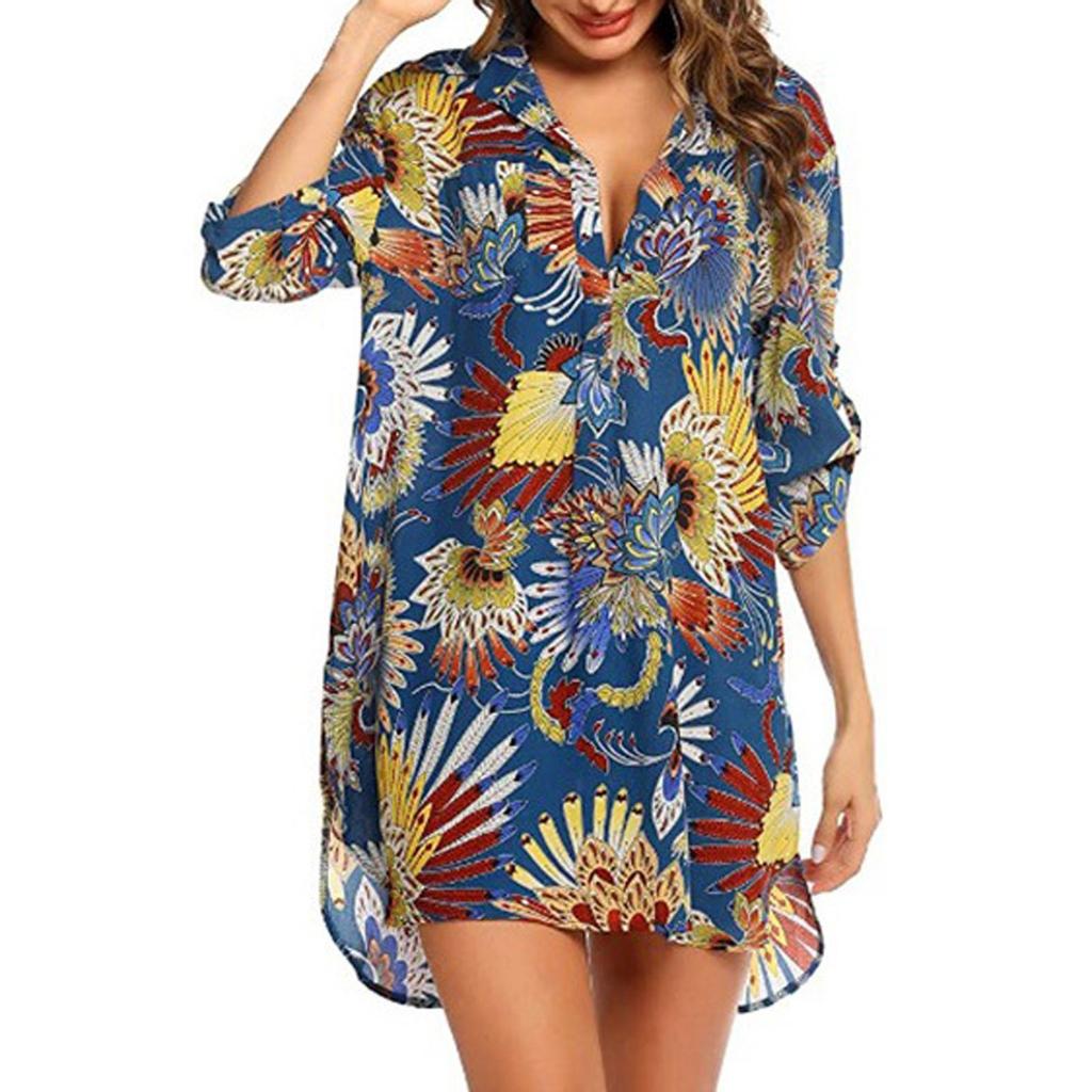 Damenmode bedrucktes, entspanntes, langärmliges, kurzes Strandblusen-Hemdkleid mit V-Ausschnitt