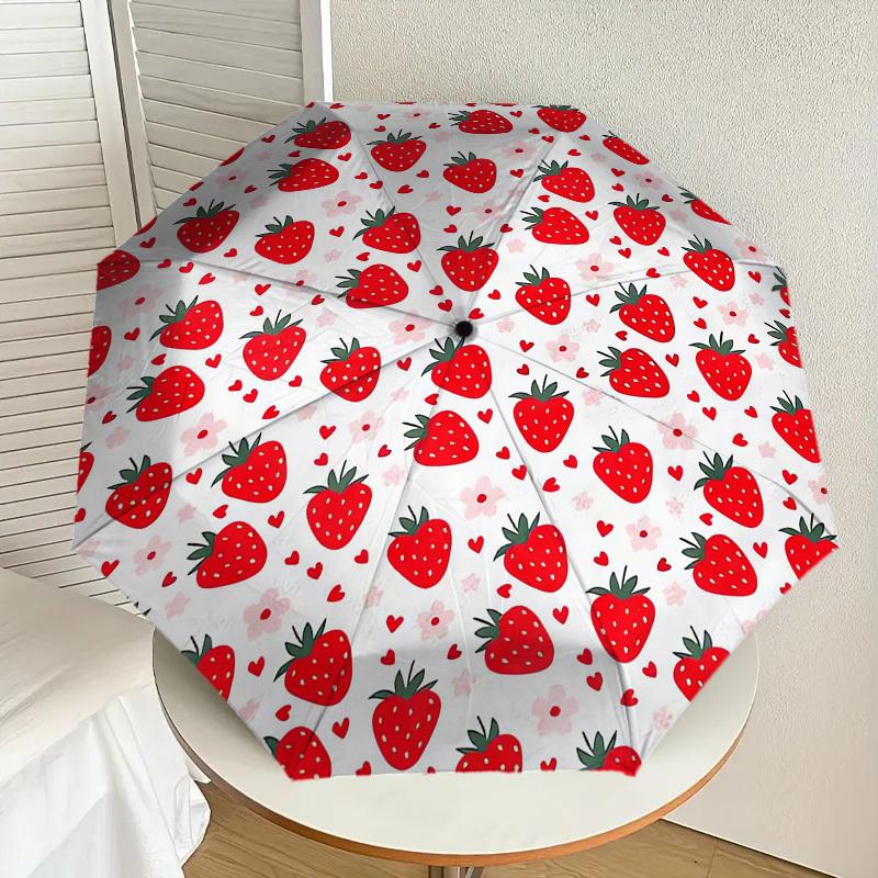 1pc Strawberry Heart Pattern Umbrella Design Automatic Opening and Closing Umbrella, High-quality Travel Umbrella,  C1128042