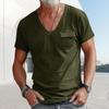 Men Summer T-shirt V Neck Short Sleeves Solid Color Stretchy Chest Pocket Thin Quick Dry Simple Style Casual Daily Wear Sport To