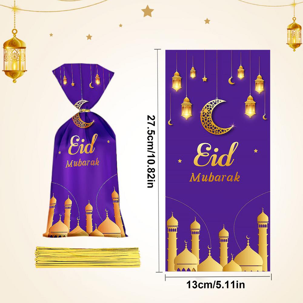 50pcs Eid Mubarak Gift Bags Plastic Candy Cookie Pouch Ramadan Decoration 2024 Islamic Muslim Party Supplies Eid Al-fitr 2024