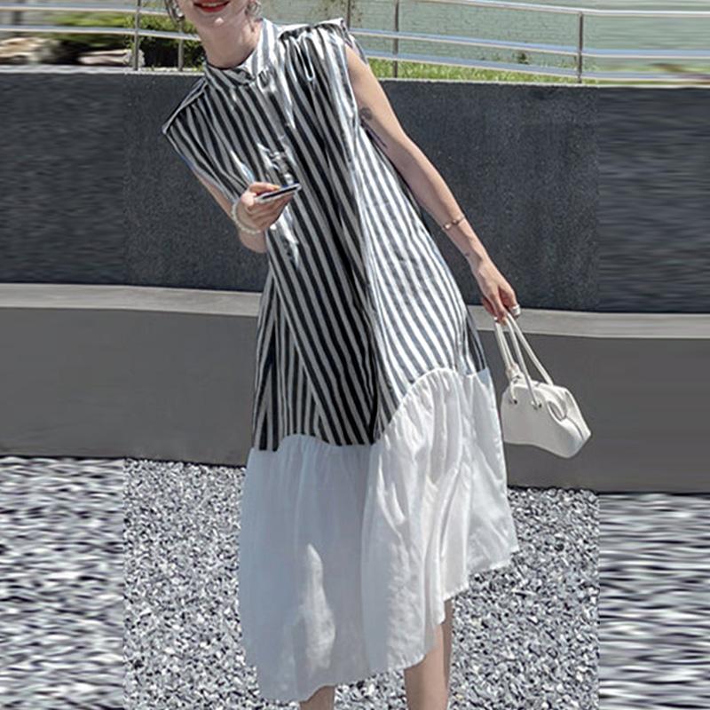 

ZANZEA Women Casual Round Neck Stripe Patchwork Sleeveless Dress 2XL чорний