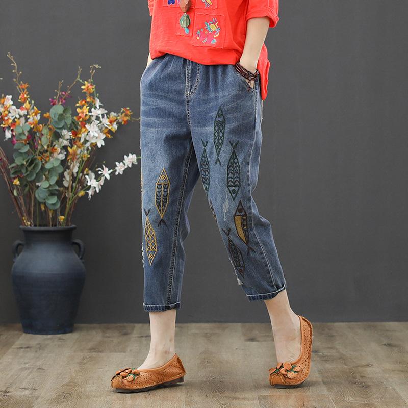 Fashion Women's Fall Stretch Elegant Jeans Women's Casual Flower Embroidery Jeans Women's Loose Harlem Pants