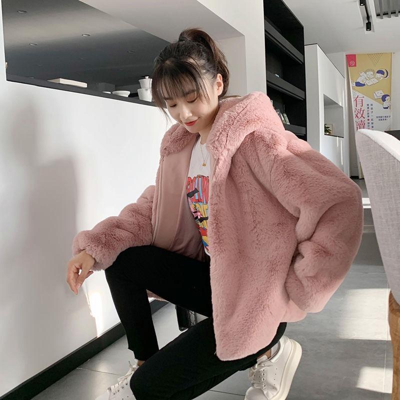 Autumn and winter new light fur coat women's imitation mink hair hooded short plush coat women