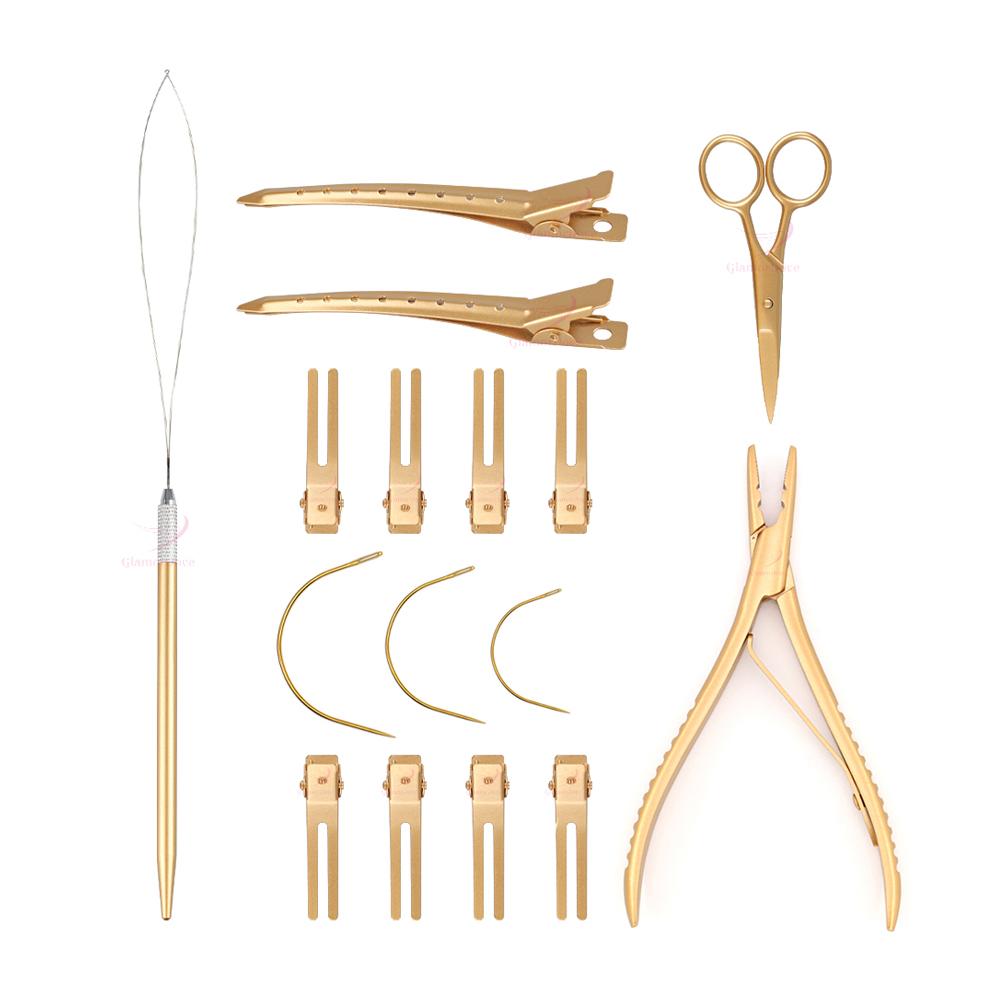 GlamorDove Hair Extension Pliers Kit 2 Holes Beading Pliers and Metal Hair Clips Micro Ring Needle Pulling Hook Hair Threader