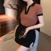 Summer Color-Block Korean-Style Base Layer Top V-Neck Breathable Polo Shirt Sweet and Lovely Slim Lapel T-shirt