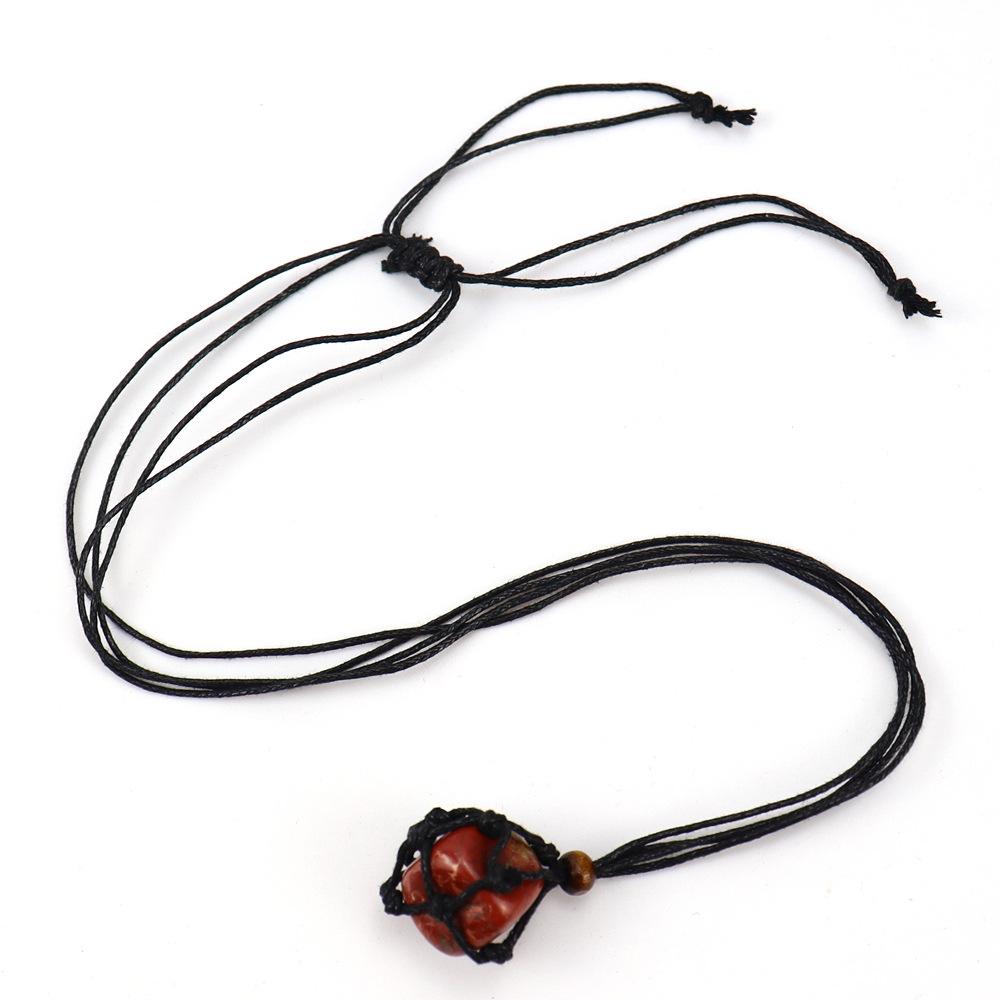 Handmade Black Rope Woven Natural Stone Crystal Rough Stone Mesh Pocket Adjustable Necklace Pendant N708