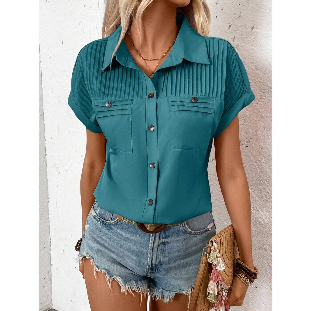 GMXIA Pure Color with Buckle Lapel Shoulder Pleated Pocket Insert Shoulder Short Sleeve Top Inch T-shirt Woman