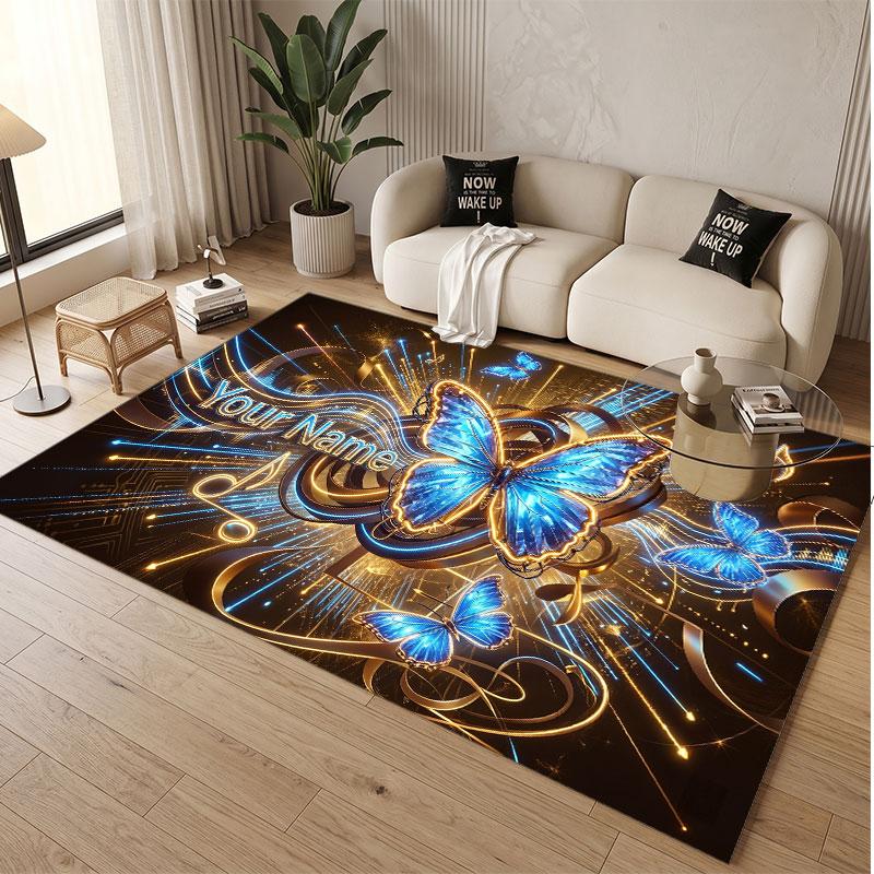 Butterfly Theme Soft Crystal Velvet Rug Custom Name & Text Print Non Slip Floor Rug for Bedroom Living Room