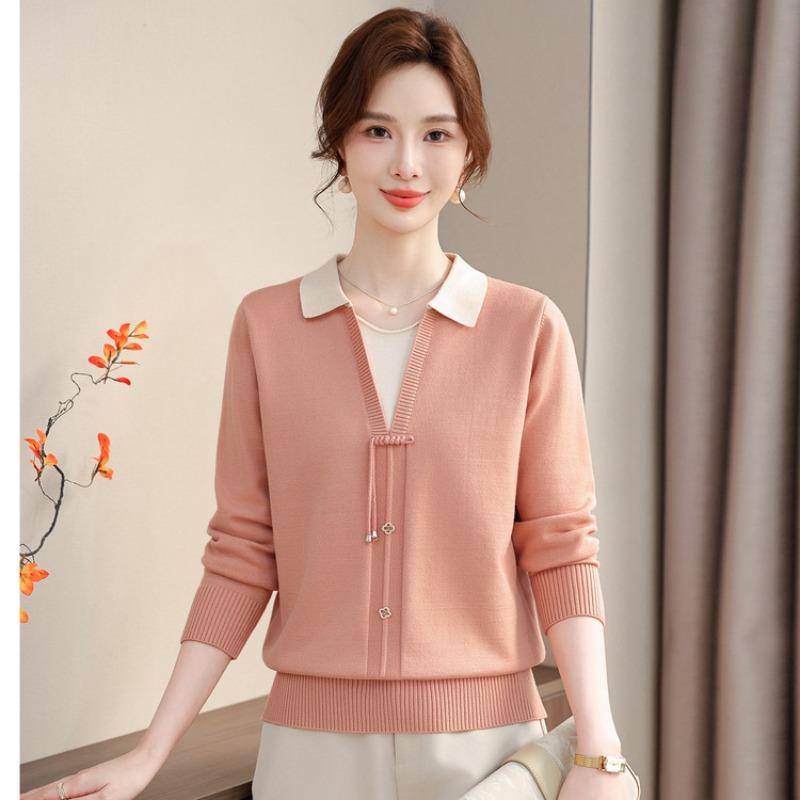 Spring and Autumn New Knitted Sweater Sweater Fake Two-piece Mom Women's Clothing Medium and Old Fashion Bottom Shirt