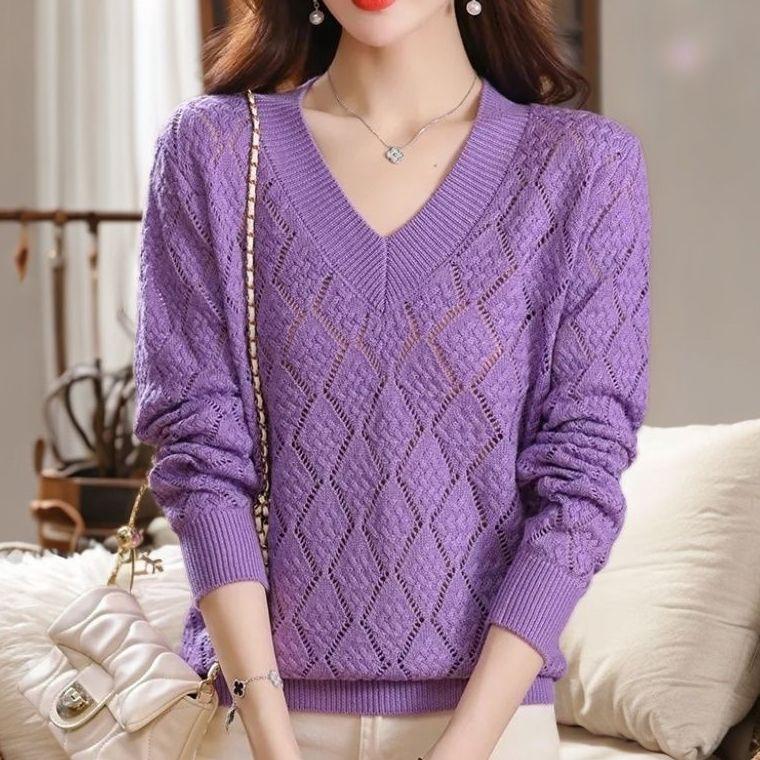 Women's Plus-Size Dopamine V-Neck Sweater Loose Collarbone-Showing High-Grade Hollow-Out Knit Top for Autumn & Summer