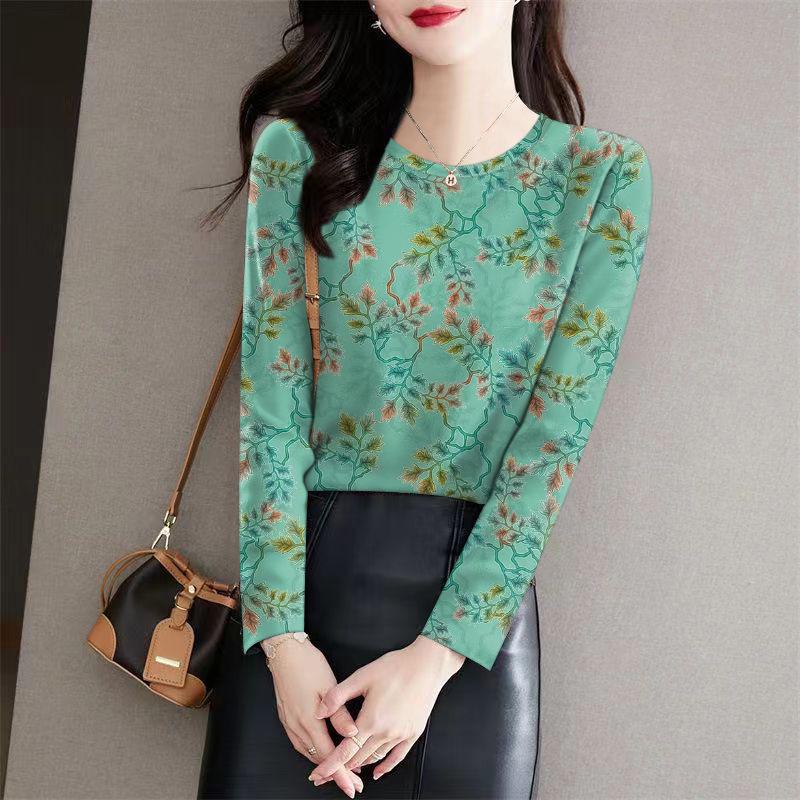 Elegant Floral Round Neck Long Sleeve T-shirt for Autumn & Winter 2XL