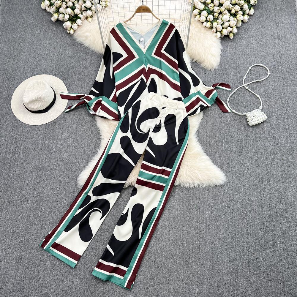 

Модный женский костюм с v-образным вырезом, свободный расклешенный топ с длинными рукавами и принтом, цельные прямые широкие брюки с высокой талией и высокой талией