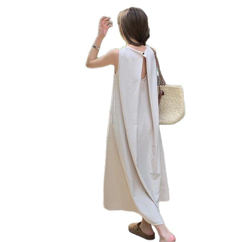 French temperament sleeveless cotton and linen dress women's summer new design back hollow round neck vest skirt