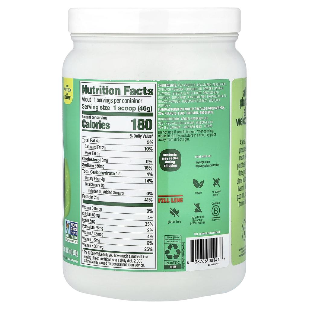 Vega Plant-Based Original Protein + Greens, Creamy Vanilla, 510g (1lb 2oz)