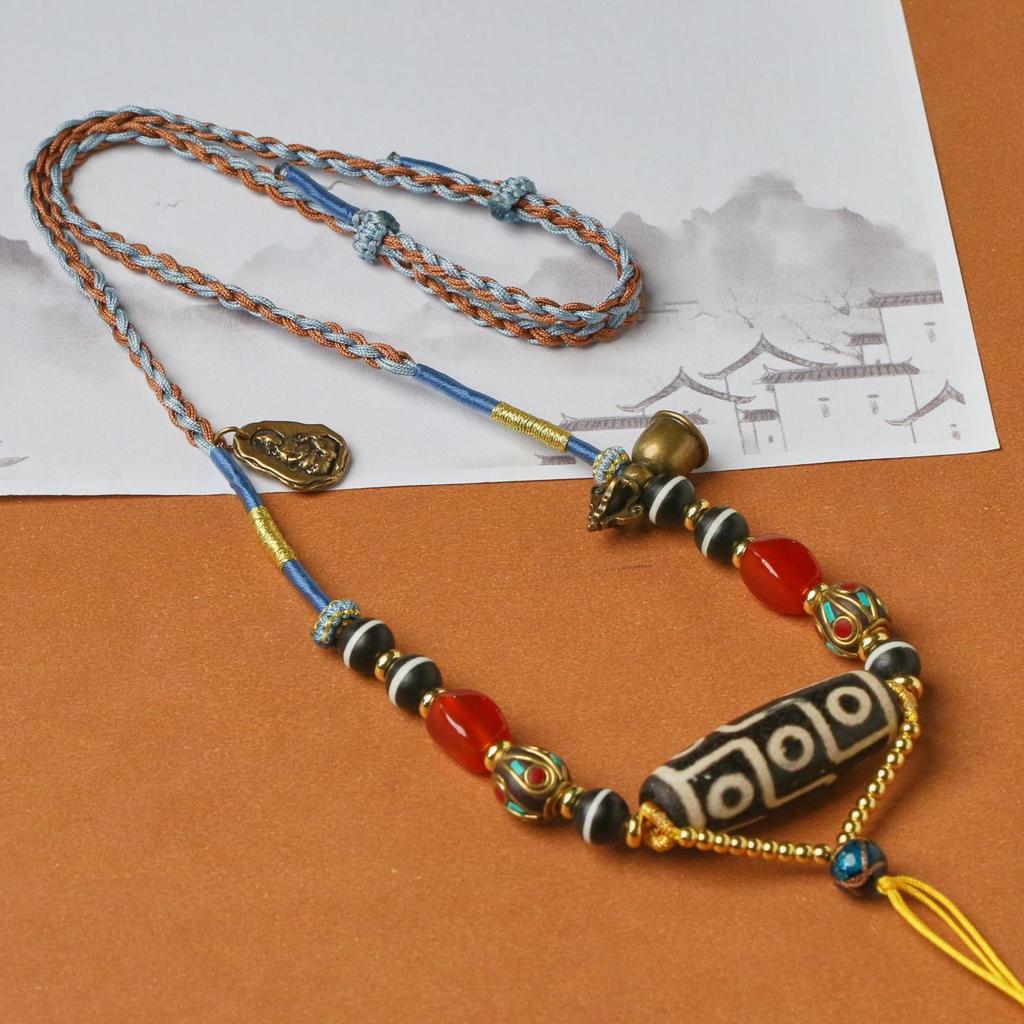 Handwoven Tibetan Dzi Bead Necklace with Thangka Pendant and Kila Style Cord