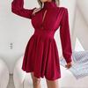 Sexy High Waist Hollow Out Swing Kleid für Damen Einfarbig Große Größe Herbst Winter Mode