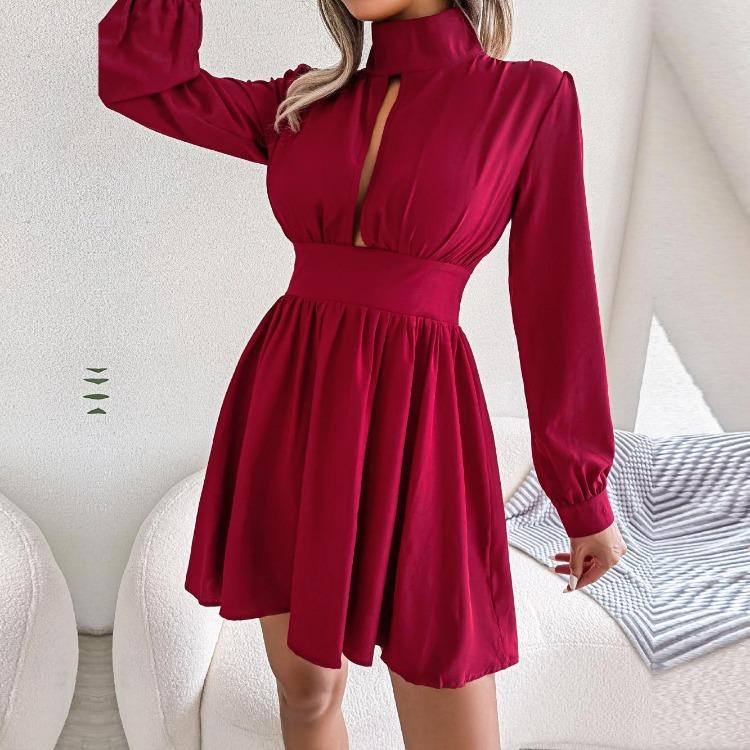 Sexy High Waist Hollow Out Swing Kleid für Damen Einfarbig Große Größe Herbst Winter Mode