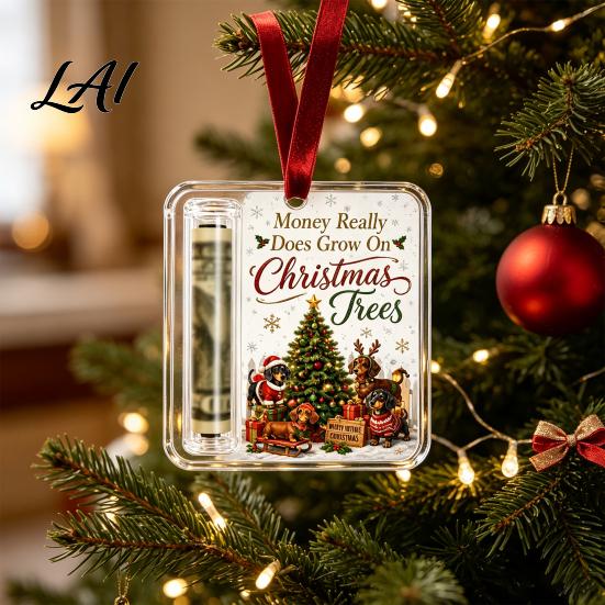 Holiday Cash Holder Christmas Gift Ornament Acrylic Angel Santa Cat Money Clear for Xmas Tree Party Hanging Decoration with Lanyard