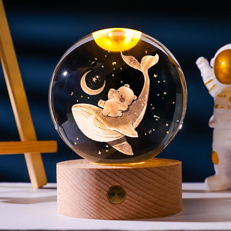 Flickering Crystal Ball Night Light with Engraved Solid Wood Base - Perfect as a Birthday Gift or Creative Graduation Ornament.
