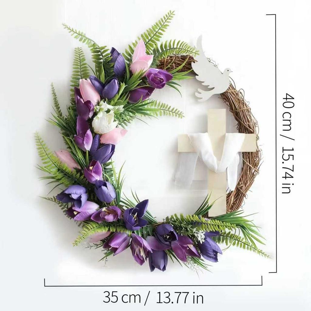 New Easter Cross Wreath With Bow Rattan Ring Garland Hanging Ornament For Home Front Door Wall Garden Decoration Art Gift