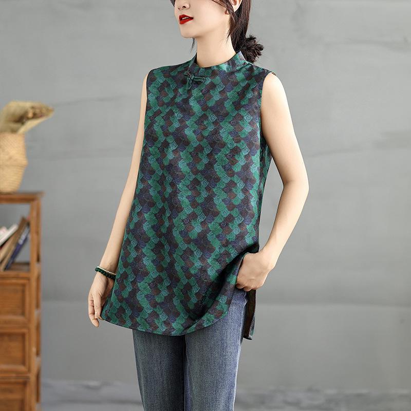 

3776 New Chinese National Style Green Floral Sleeveless Vest with Oblique Lapel & Stand Collar for Women 2025 Extra Large