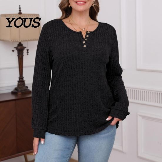 Crew Neck Pullover Women Ribbed Long Sleeve Top, Loose Casual Blouse with Button, Solid Soft Blouses Color ShCrew irt for Spring Autumn Top