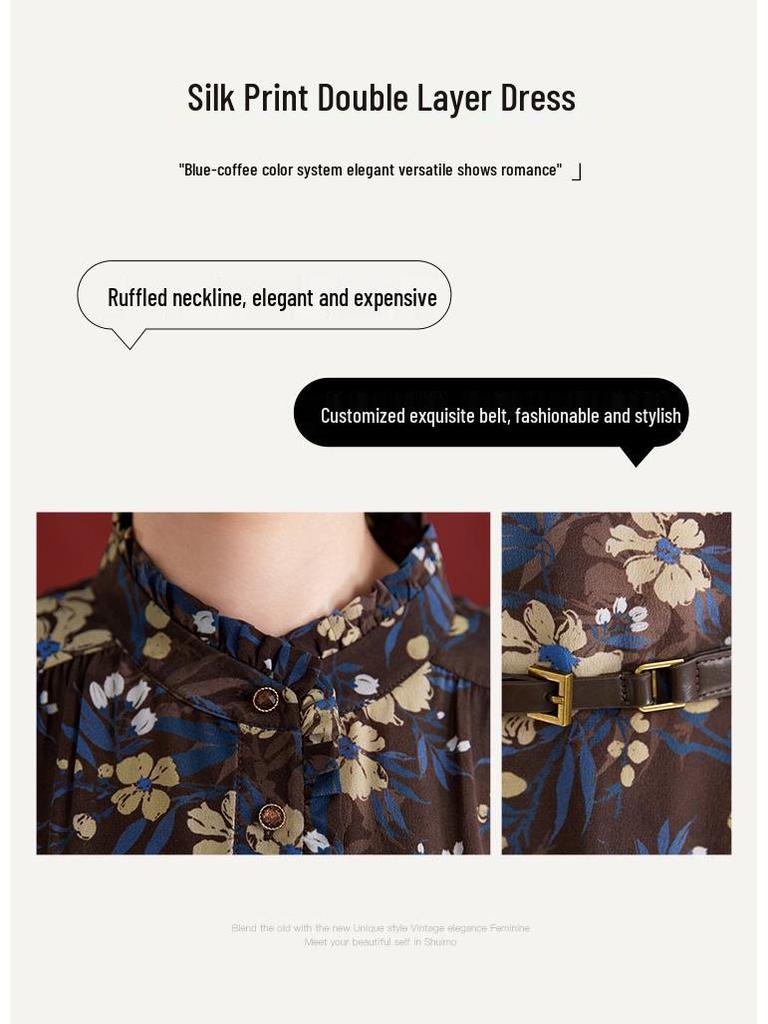 100% Mulberry Silk Long Sleeve Pleated Midi Dress for Women - Printed Slimming Style