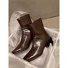 Skinny Thick Heel Thin Boots Women's Autumn and Winter 2024 New Velvet Square Head Retro Temperament Rear Zipper Short Boots