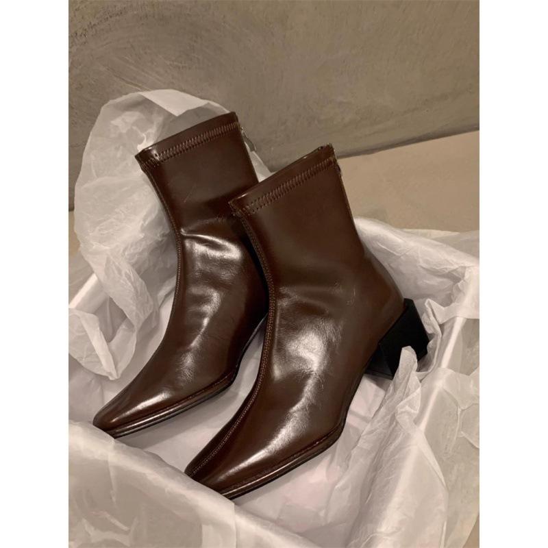 Skinny Thick Heel Thin Boots Women's Autumn and Winter 2024 New Velvet Square Head Retro Temperament Rear Zipper Short Boots
