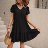 New V-neck solid color loose dress, loose and comfortable casual women