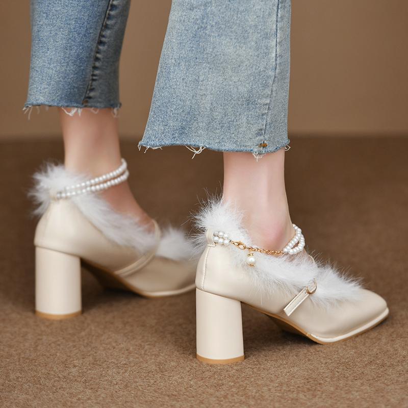 Fashion Women's Thick Heel Cotton Shoes Winter New Square Head Shallow Mouth Word with Anti-slip Wear-resistant High Heels