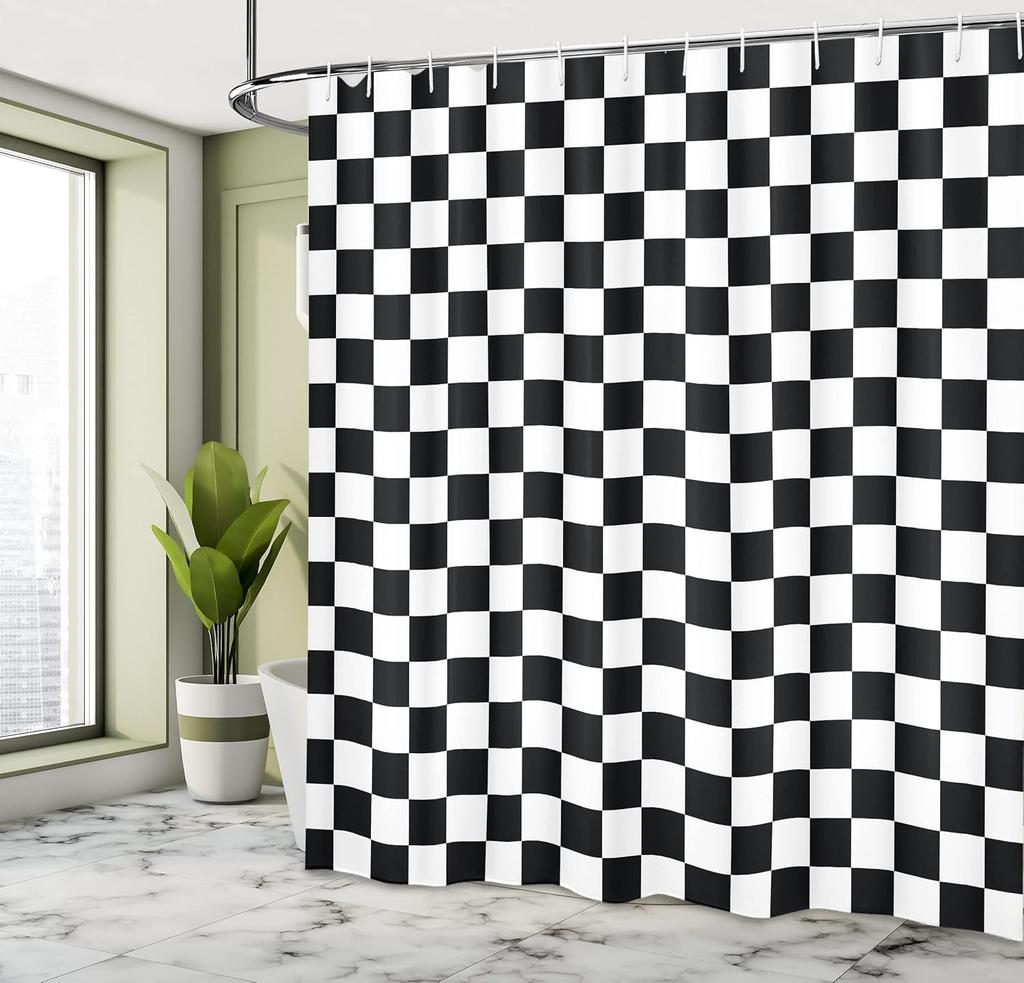 Checkers Game Shower Curtain, Geometric Grid Style Monochrome Squares In Traditional Game Board Design, Cloth Fabric B