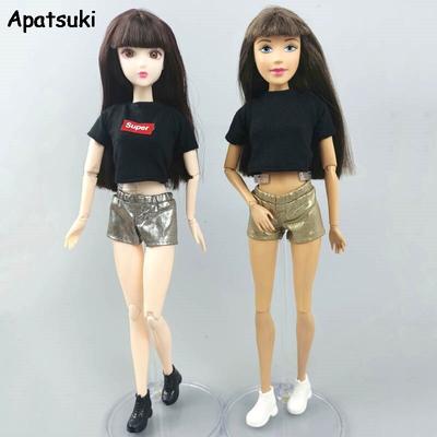 Módní sada oblečení pro panenky Barbie, černé krátké tričko, metalické kožené kraťasy pro panenky Blyth, doplňky 1/6