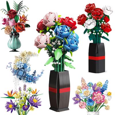 Creative Flower Bouquet Building Blocks Red Rose Blue Rose Vase Moon Flower Orchid Potted Lavender Bricks DIY Toy Valentine Gift