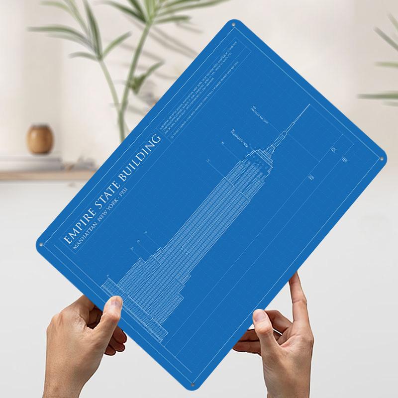 Empire State Building Blueprint Tin Plaque Poster Customized Wall Art Retro Vintage Metal Signs for Man Cave Decoration At Home