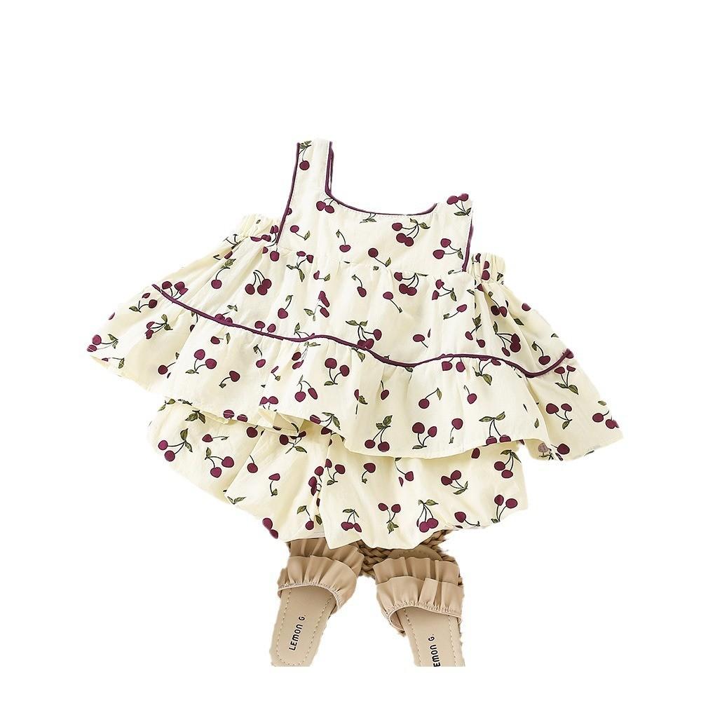 Charming Two Piece Summer Set For Little Girls Featuring Cherry Blossom Print Design