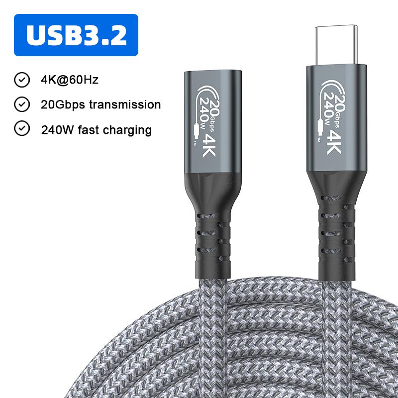 

Удлинительный кабель USB Type C 3.2 USB-C на Type-C Female удлинитель PD240W зарядный кабель для передачи данных Thunderbolt 3 MacBook Nintendo Switch 1.5m серый