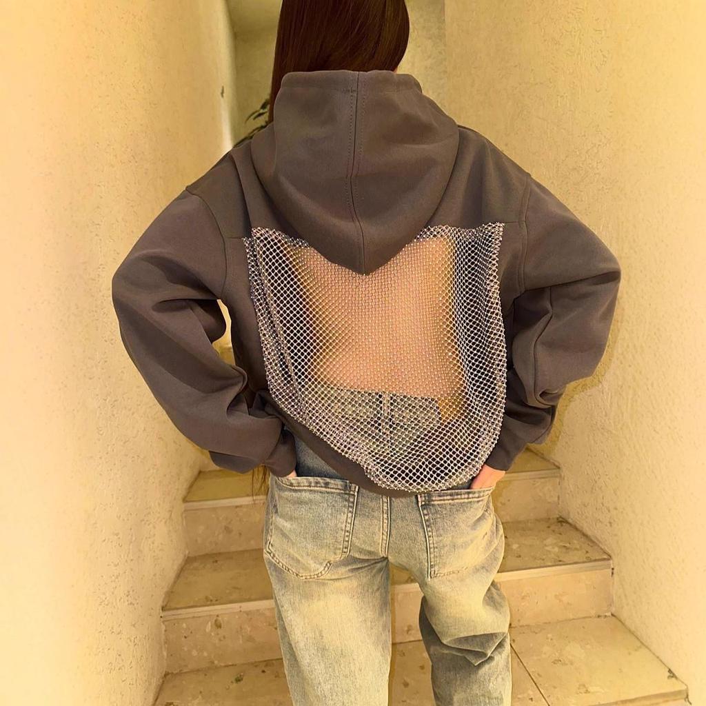 2025 Herbst/Winter Damen Kapuzenpullover mit Netz und Rückenausschnitt, einfarbig