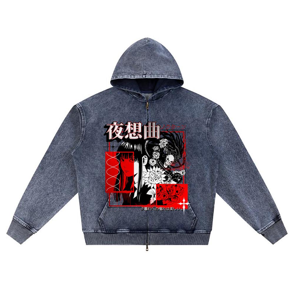 

Худи на молнии из вязаного денима с DTG-принтом Nocturne и принтом брата в стиле японского аниме XL темно-синий