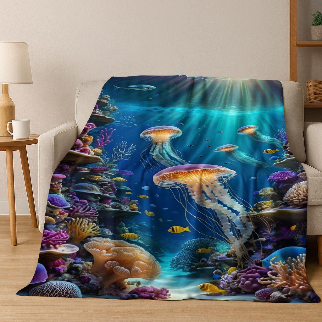 2026 New Underwater World Sea Dolphin Turtle Coral Art Flannel Blanket,Cozy Soft Throw Blanket for Home Bedroom Bed Sofa Kids