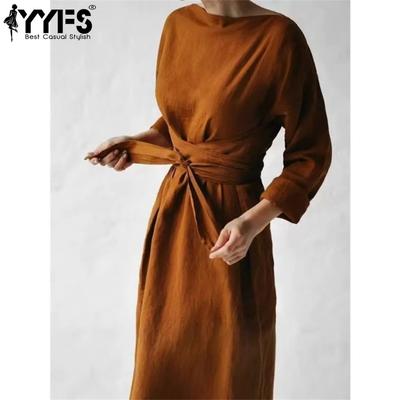 Vestidos Casuales de Moda para Mujer Primavera Otoño Color Sólido Estampado Manga Larga Un Hombro Cintura Suelta