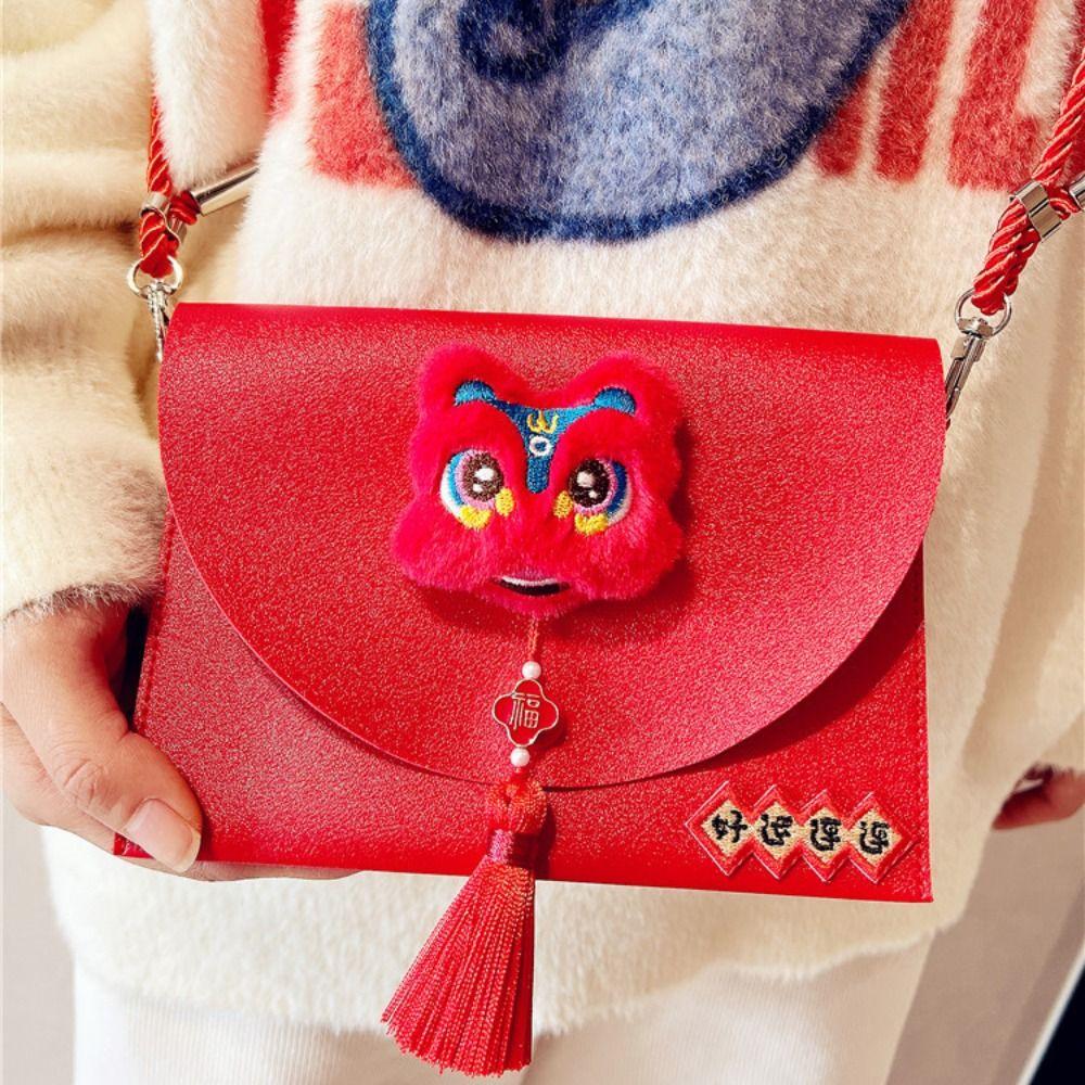 Chinese PU Leather Red Envelope Cross Body Lion Dance New Year Money Envelope  Wedding Birthday