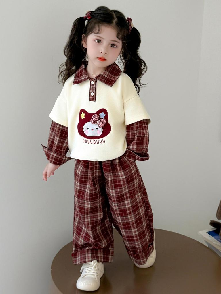 Girls' 2025 Fashion Spring & Autumn Outfit - Red Plaid Two-in-One Set for Toddlers